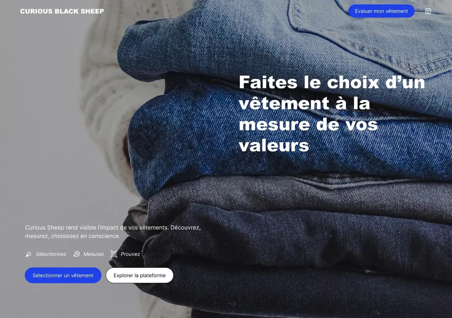 Landing page de Curious Black Sheep : « Faites le choix d'un vêtement à la mesure de vos valeurs »
