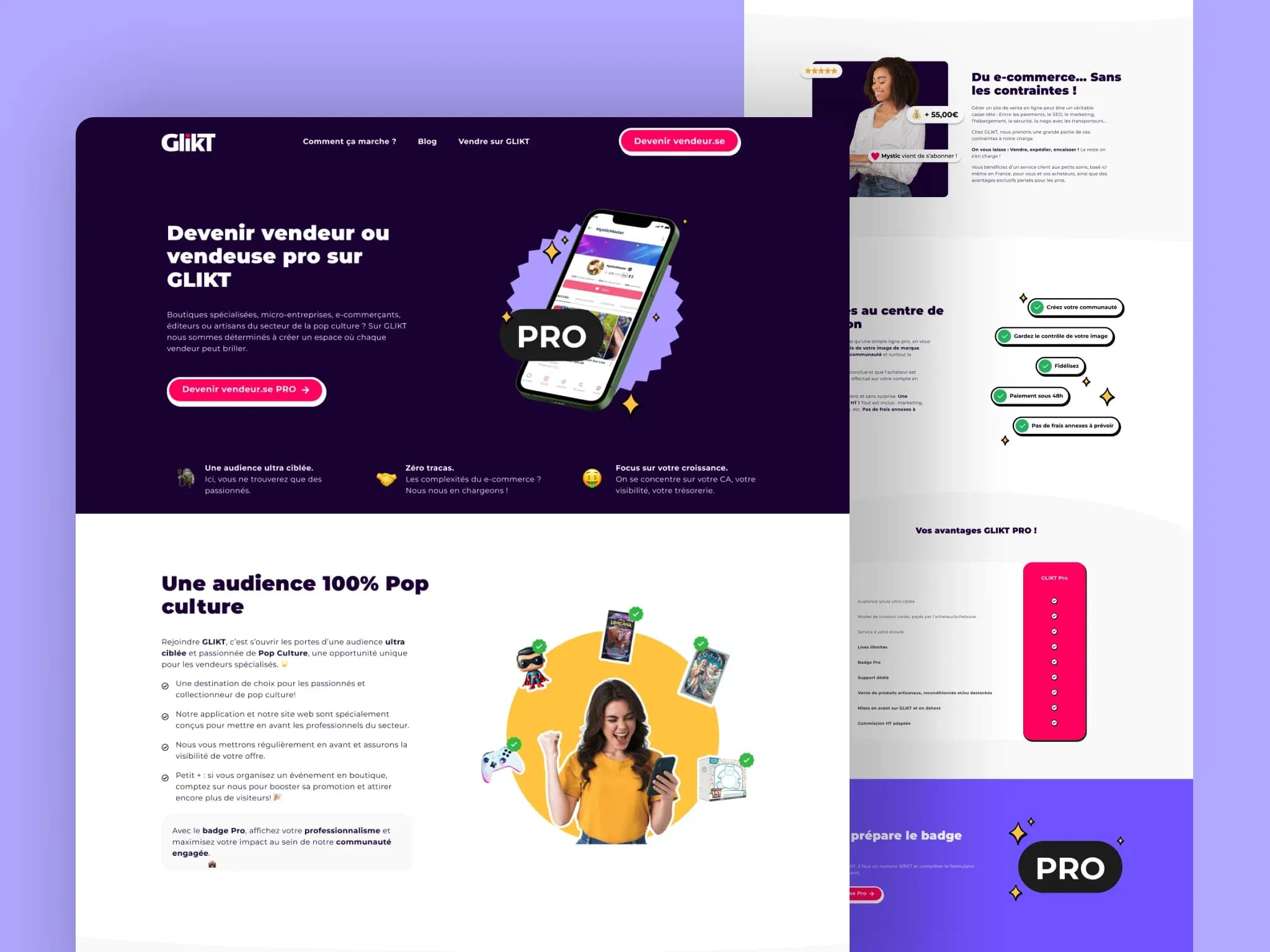 Page vendeurs professionnels du site vitrine GLIKT