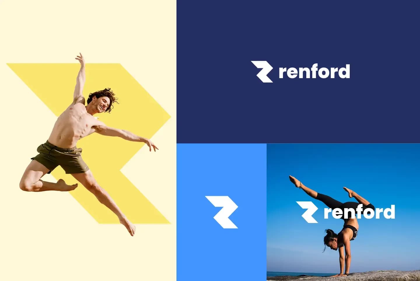 Planche d'identité de marque Renford : logo, symbole et déclinaisons