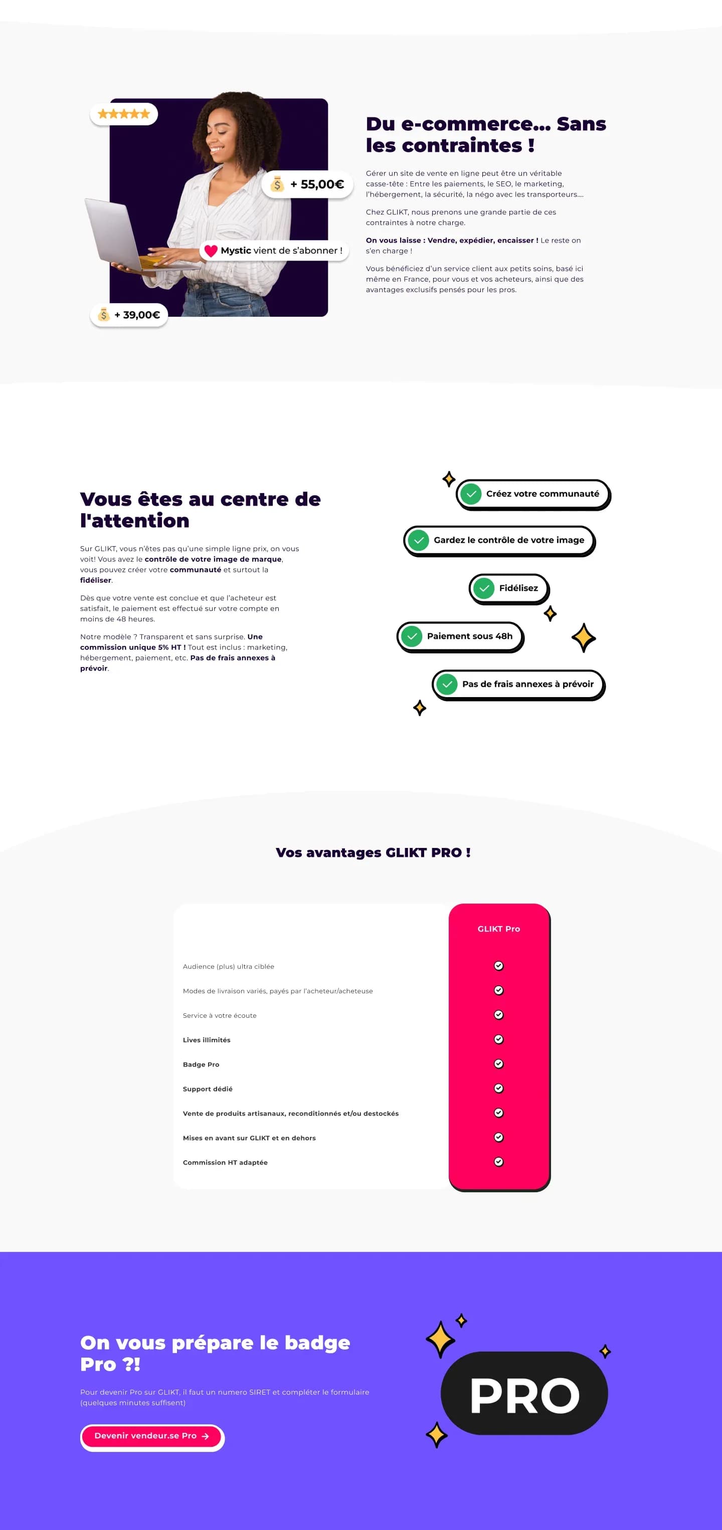 Page vendeurs professionnels du site vitrine GLIKT